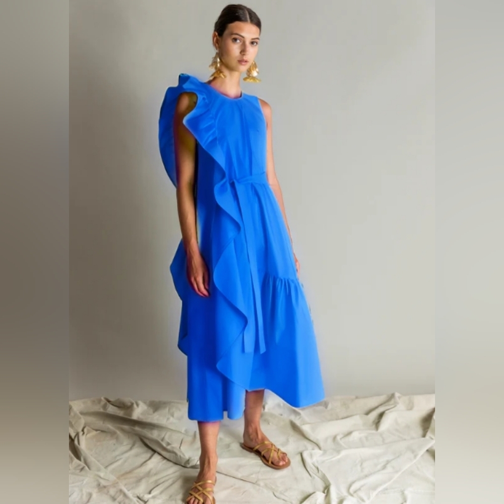 Psophia Cobalt Blue Ruffle Midi Dress Sleeveless Belted Size Small 100% Cotton